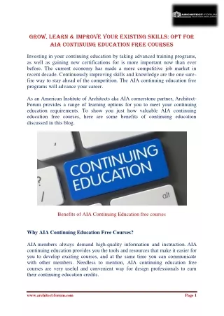 Grow, Learn & Improve Your Existing Skills Opt for AIA Continuing Education free courses