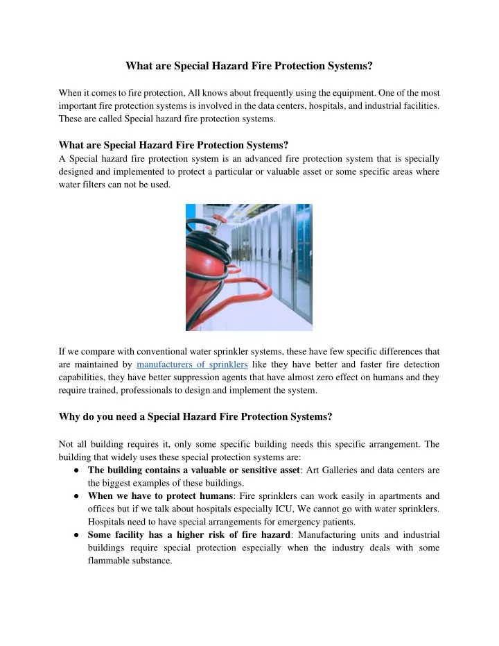 what are special hazard fire protection systems