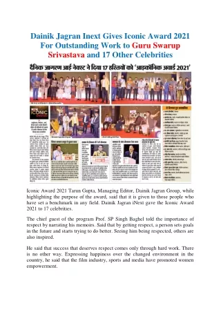 Dainik Jagran Inext Gives Iconic Award 2021 For Outstanding Work to Guru Swarup