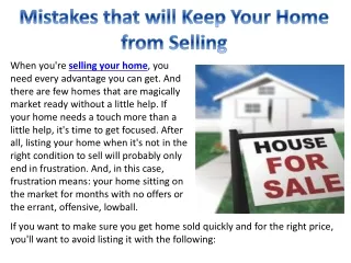 Mistakes that will Keep Your Home from Selling