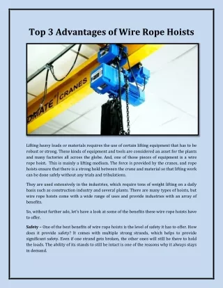 Top 3 Advantages of Wire Rope Hoists