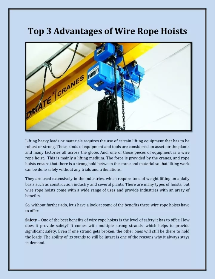 top 3 advantages of wire rope hoists