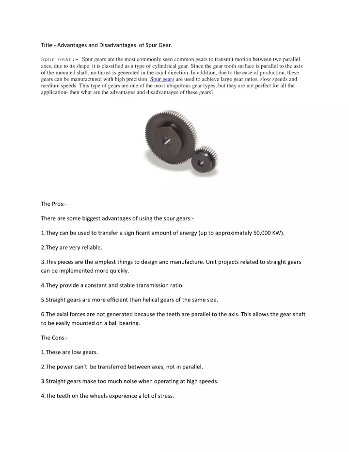 title advantages and disadvantages of spur gear