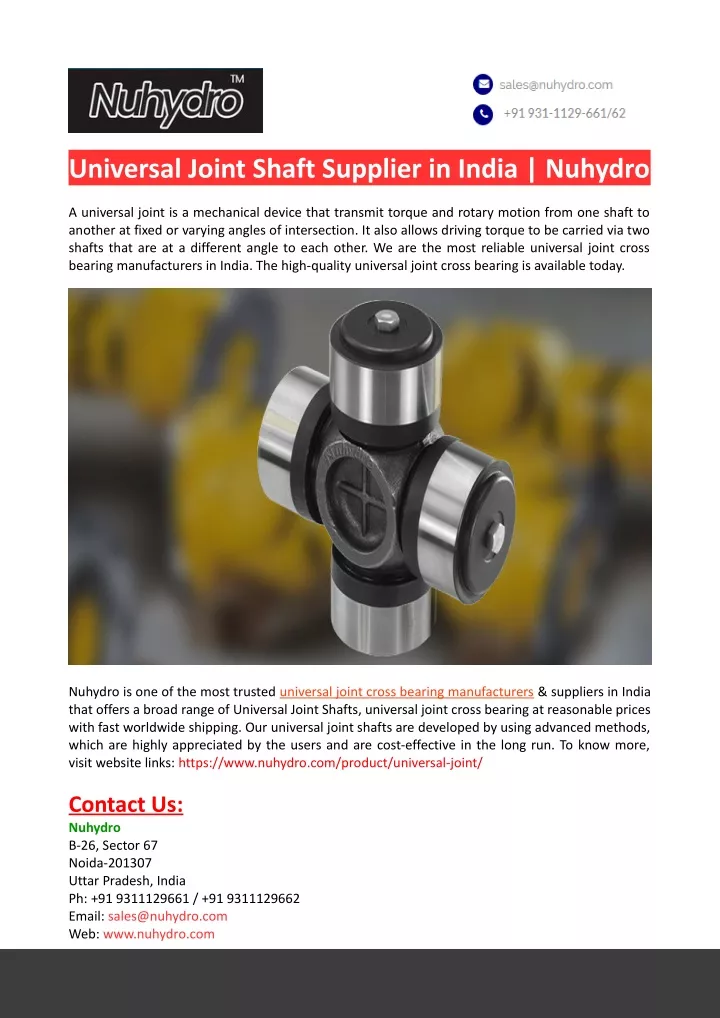 universal joint shaft supplier in india nuhydro