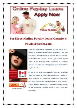 For Direct Online Payday Loans Ontario @ Paydayrooster.com