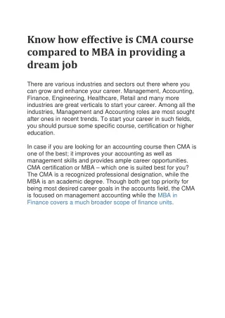 Know how effective is CMA course compared to MBA in providing a dream job