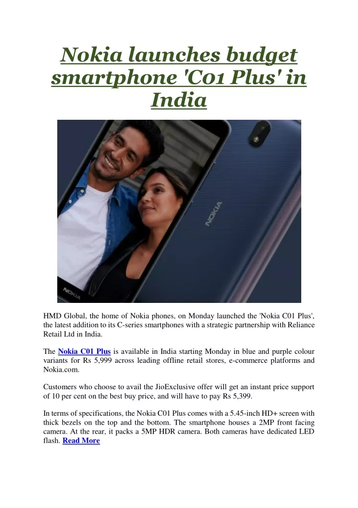 nokia launches budget smartphone c01 plus in india