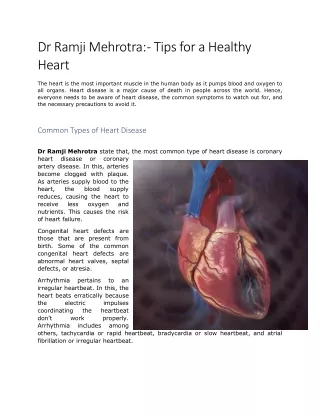 Dr Ramji Mehrotra | Tips for a Healthy Heart