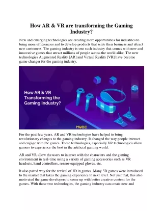 How AR and VR transforming the Gaming Industry