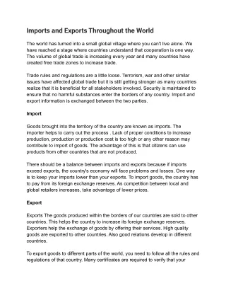 Imports and Exports Throughout the World