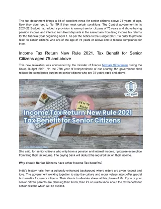 Income Tax Return New Rule 2021, Tax Benefit for Senior Citizens