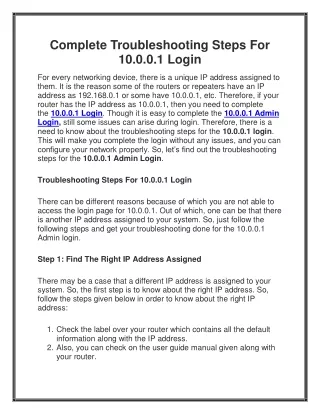 Complete Troubleshooting Steps For 10.0.0.1 Login
