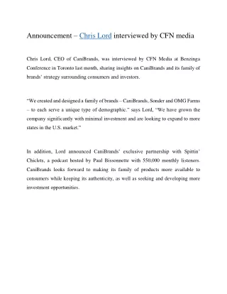 Announcement – Chris Lord interviewed by CFN media