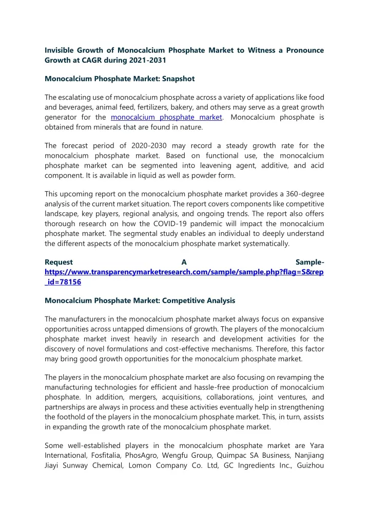 invisible growth of monocalcium phosphate market