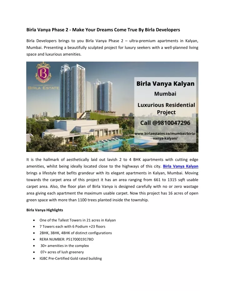 birla vanya phase 2 make your dreams come true