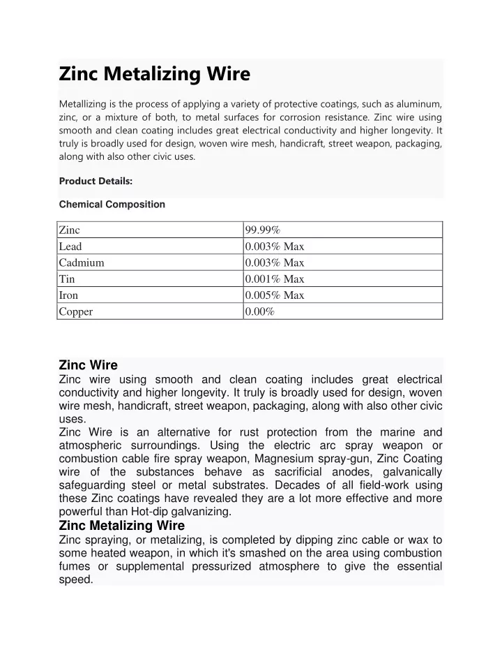 zinc metalizing wire