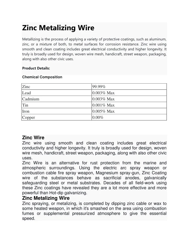 PPT Zinc Wire Thermal Spray Wire Zinc Wire Price in India