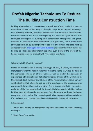 Prefab Nigeria Techniques To Reduce The Building Construction Time