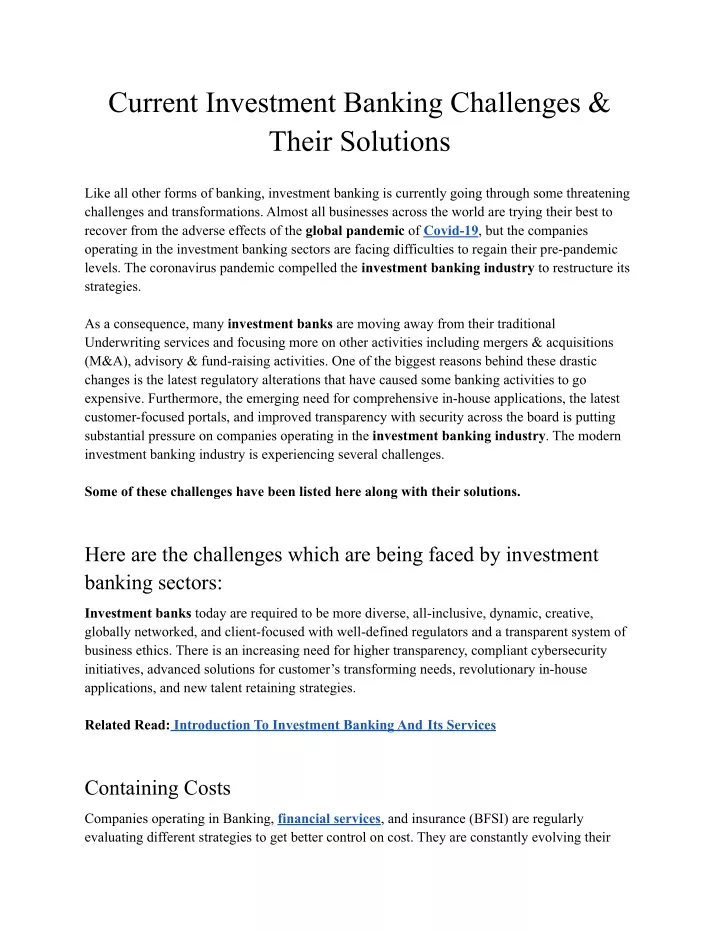 current investment banking challenges their