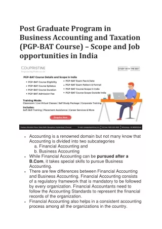 Post Graduate Program in Business Accounting and Taxation