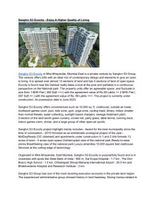 sanghvi s3 ecocity enjoy a higher quality