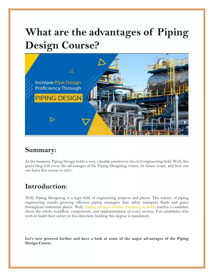 what are the advantages of piping design course