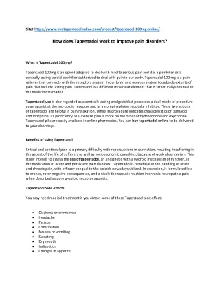 How does Tapentadol work to improve pain disorders?