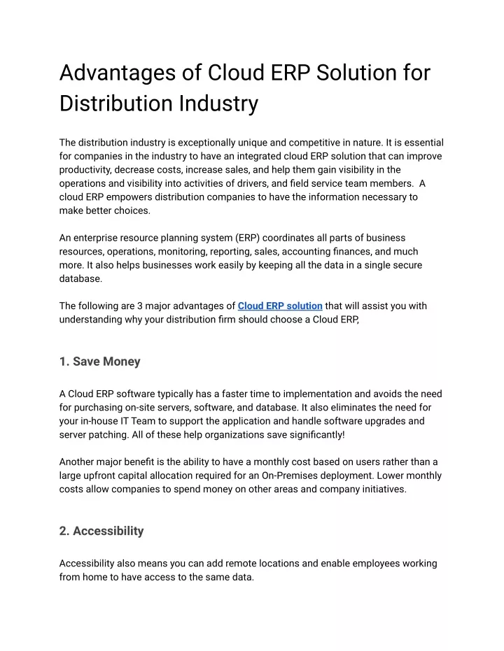 advantages of cloud erp solution for distribution