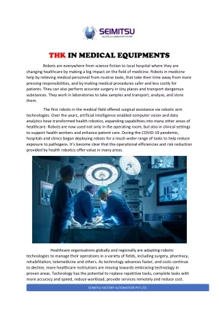 THK in Medical Equipment | SEIMITSU Factory Automation Pvt Ltd.