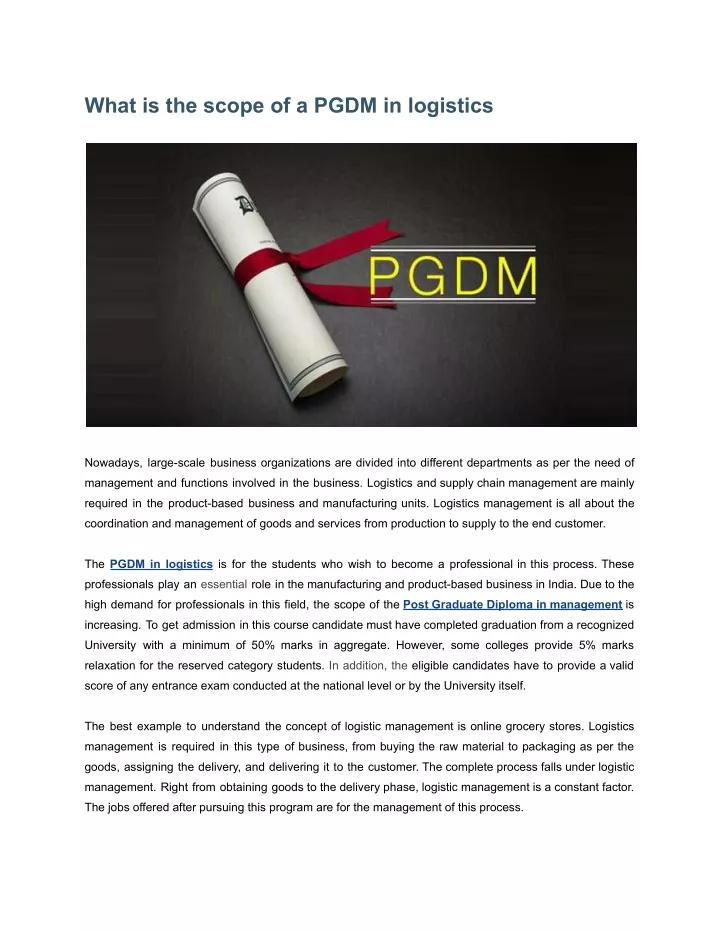 what is the scope of a pgdm in logistics