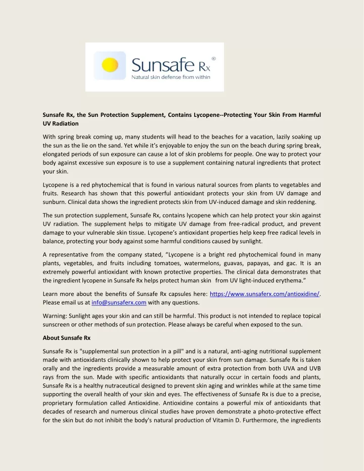 sunsafe rx the sun protection supplement contains
