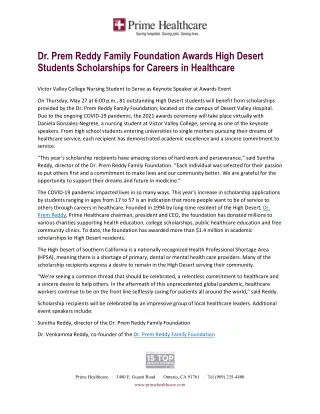 Dr. Prem Reddy Family Foundation  Awards High Desert Students