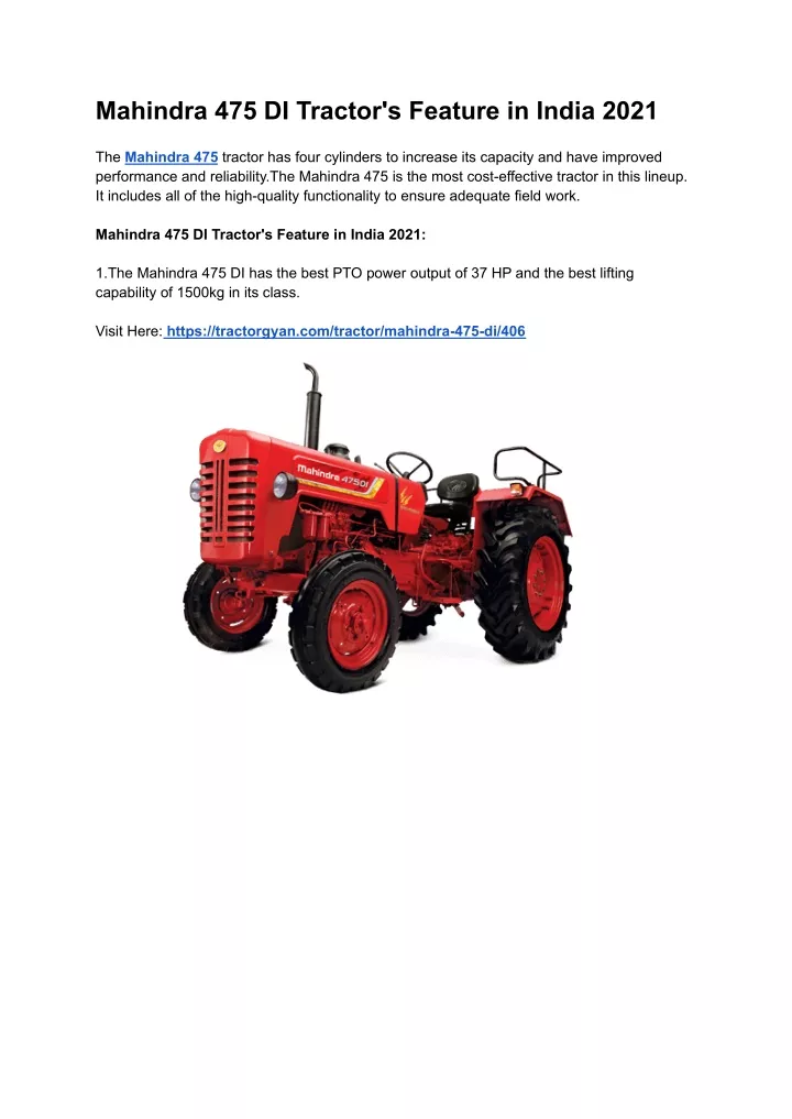 mahindra 475 di tractor s feature in india 2021