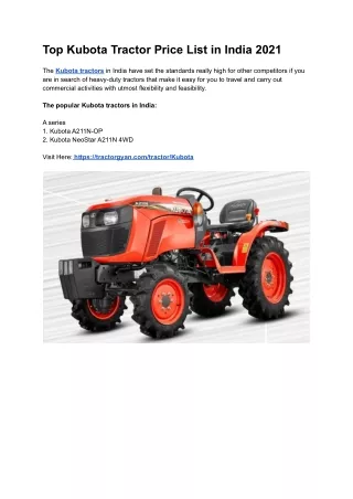 top kubota tractor price list in india 2021