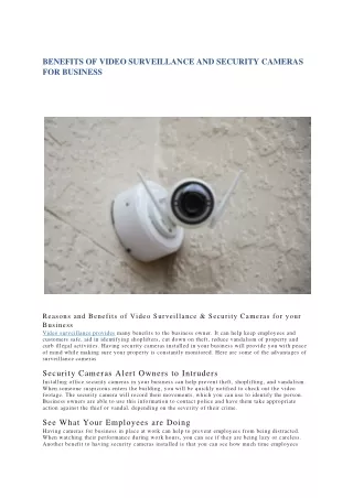 BENEFITS OF VIDEO SURVEILLANCE AND SECURITY CAMERAS FOR BUSINESS