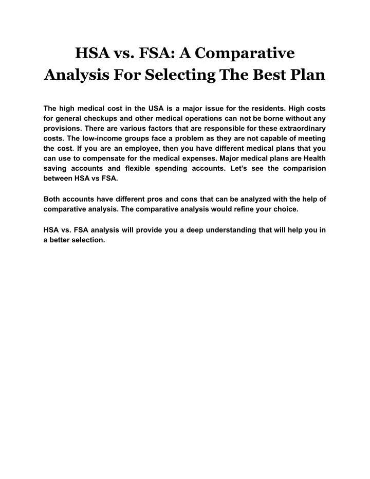 hsa vs fsa a comparative analysis for selecting