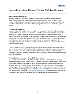 Veelead Launching Microsoft Power BI Online Services