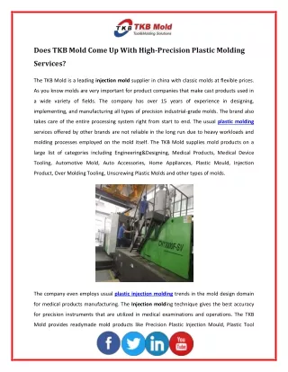 Does TKB Mold Come Up With High-Precision Plastic Molding Services?