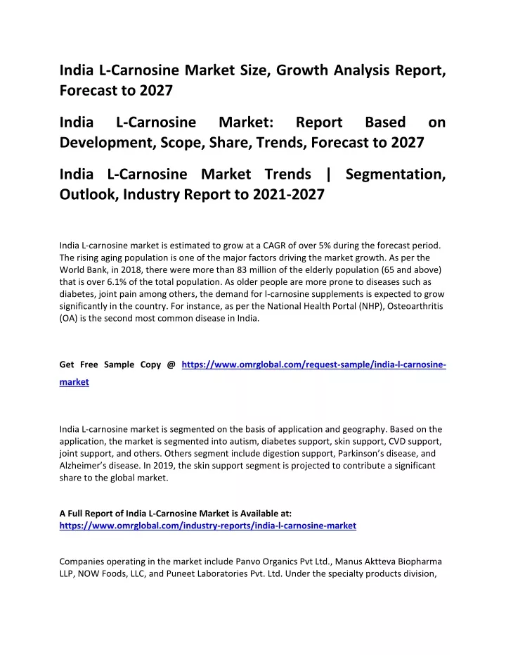india l carnosine market size growth analysis