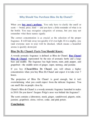 Why Should You Purchase Bleu De By Chanel