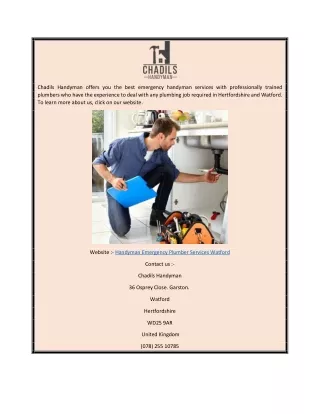 Handyman Emergency Plumber Services Watford  Chadilshandyman.co.uk