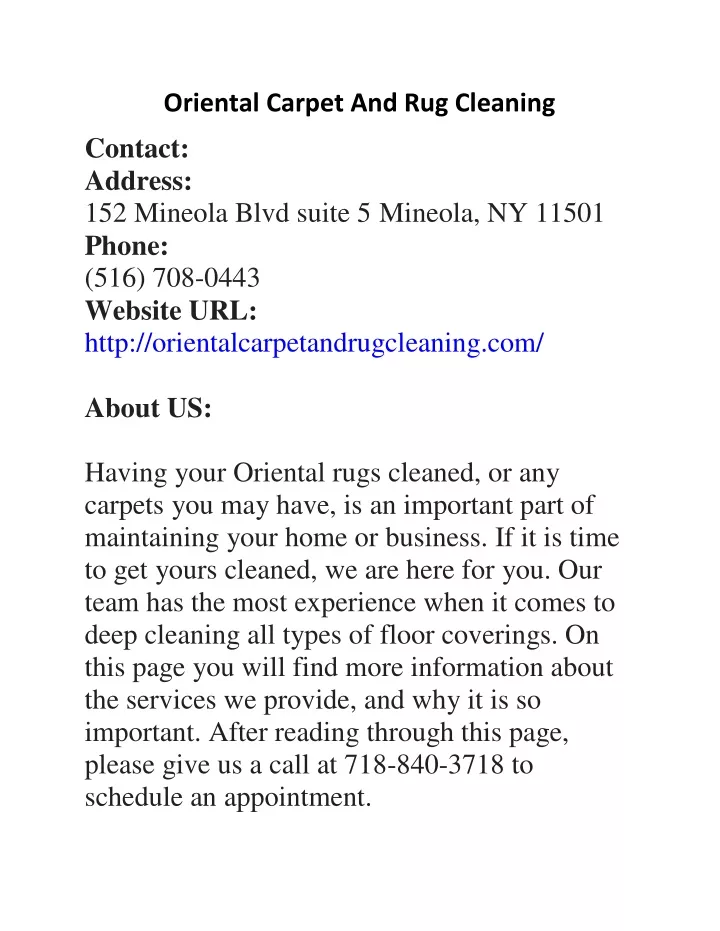 oriental carpet and rug cleaning contact address