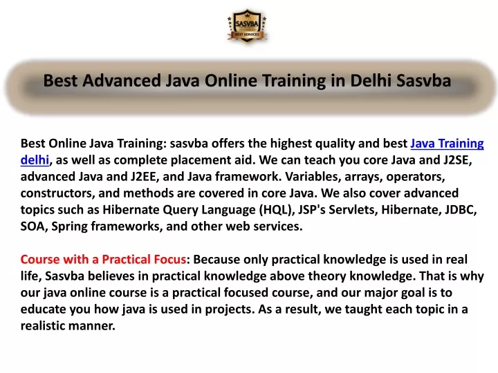 best advanced java online training in delhi sasvba