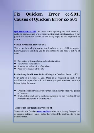 fix causes of quicken error cc 501