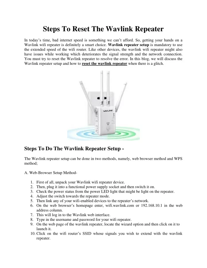 steps to reset the wavlink repeater