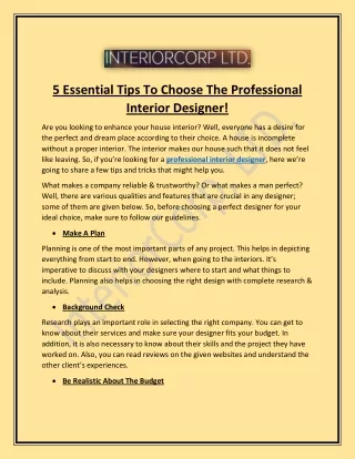 5 Essential Tips To Choose The Professional Interior Designer | InteriorCorp LTD