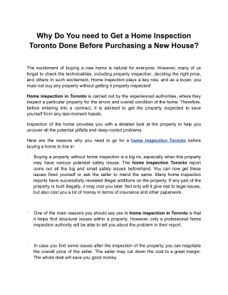 Why Do You need to Get a Home Inspection Toronto Done Before Purchasing a New Ho