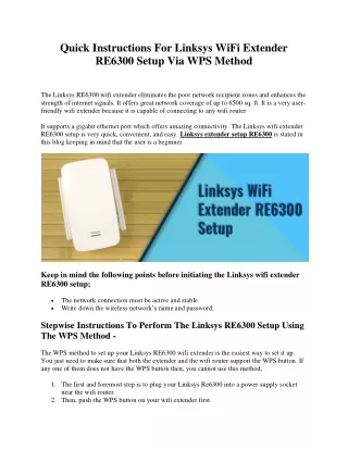 Quick Instructions For Linksys WiFi Extender RE6300 Setup Via WPS Method