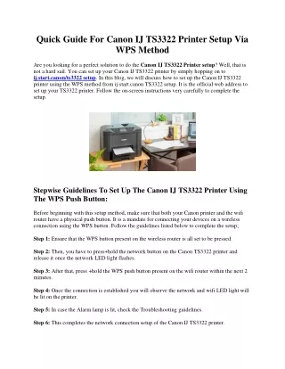 Quick Guide For Canon IJ TS3322 Printer Setup Via WPS Method