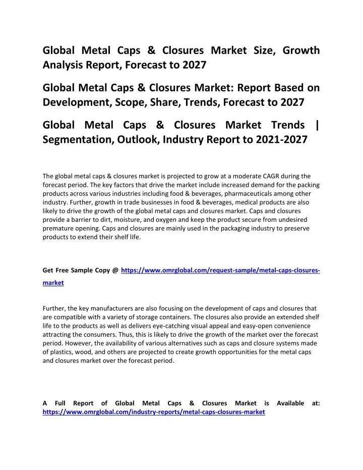 global metal caps closures market size growth